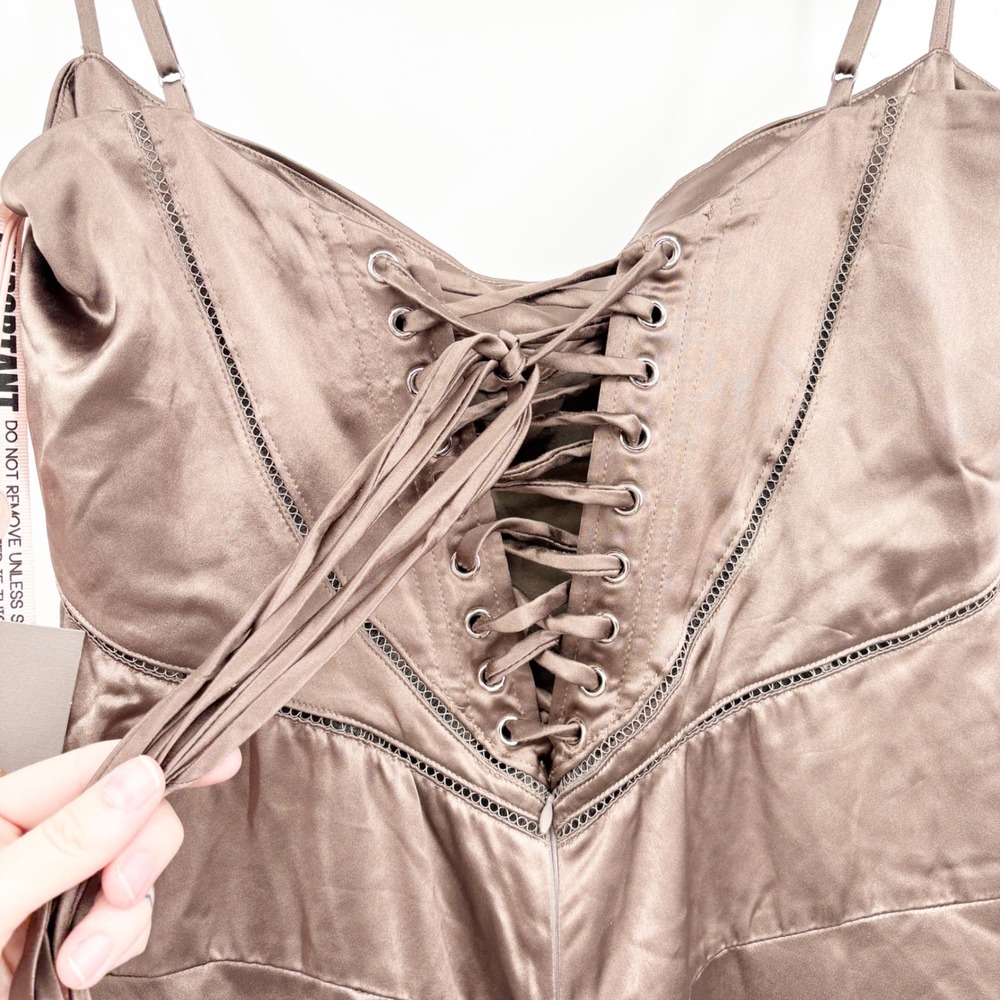 NWT House of CB Womens Anabella Smoke Pebble Grey Satin Corset Maxi Dress Size M - Picture 8 of 8